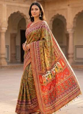 mustard roman silk ajrakh print saree 1