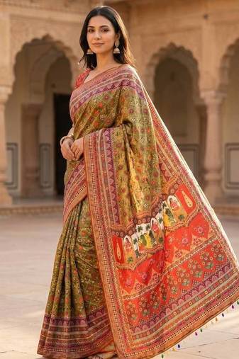 Roman Silk With ajarakh Print And Mirror work Saree With Blouse Set