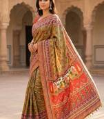 Roman Silk With ajarakh Print And Mirror work Saree With Blouse Set