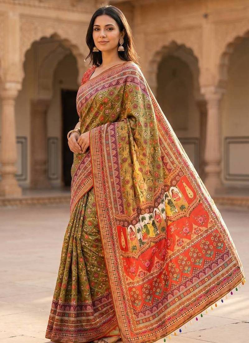 Roman Silk With ajarakh Print And Mirror work Saree With Blouse Set