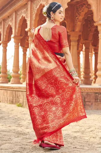 Peach soft banarasi silk zari woven saree with blouse