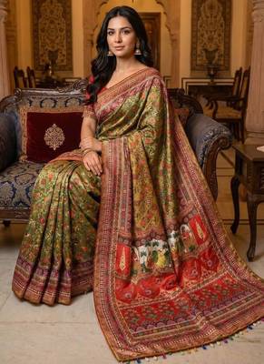 mustard roman silk ajrakh print saree 2