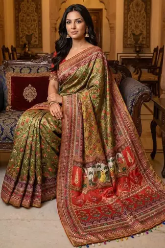 mustard roman silk ajrakh print saree