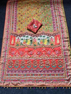 mustard roman silk ajrakh print saree 3