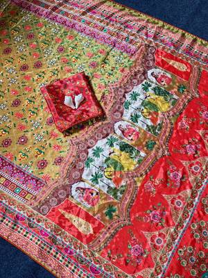 mustard roman silk ajrakh print saree 4