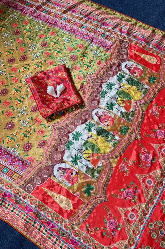 mustard roman silk ajrakh print saree