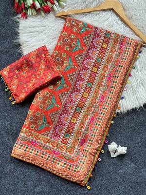 mustard roman silk ajrakh print saree 5