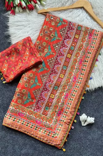 mustard roman silk ajrakh print saree