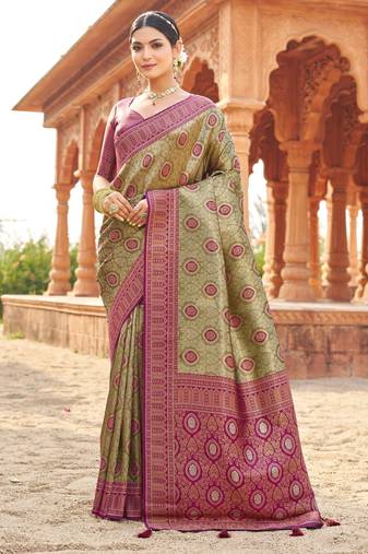 Pista green soft banarasi silk zari woven saree with blouse