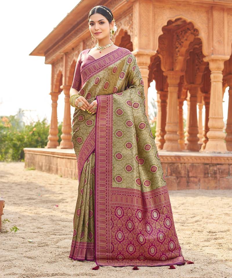 Pista green soft banarasi silk zari woven saree with blouse