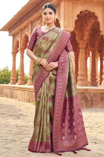 Pista green soft banarasi silk zari woven saree with blouse