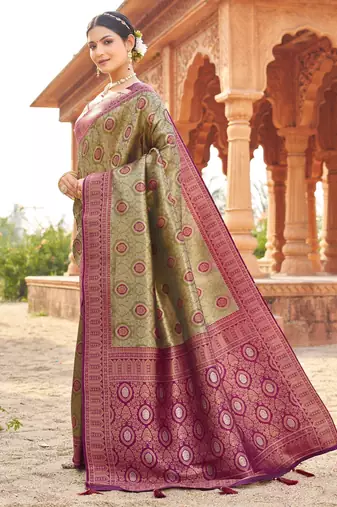 Pista green soft banarasi silk zari woven saree with blouse