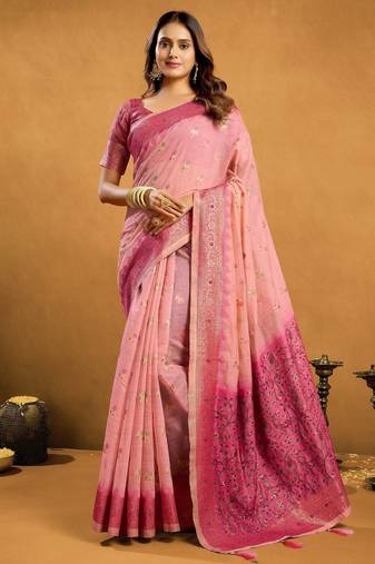 Pink premium spun cotton zari woven saree with blouse