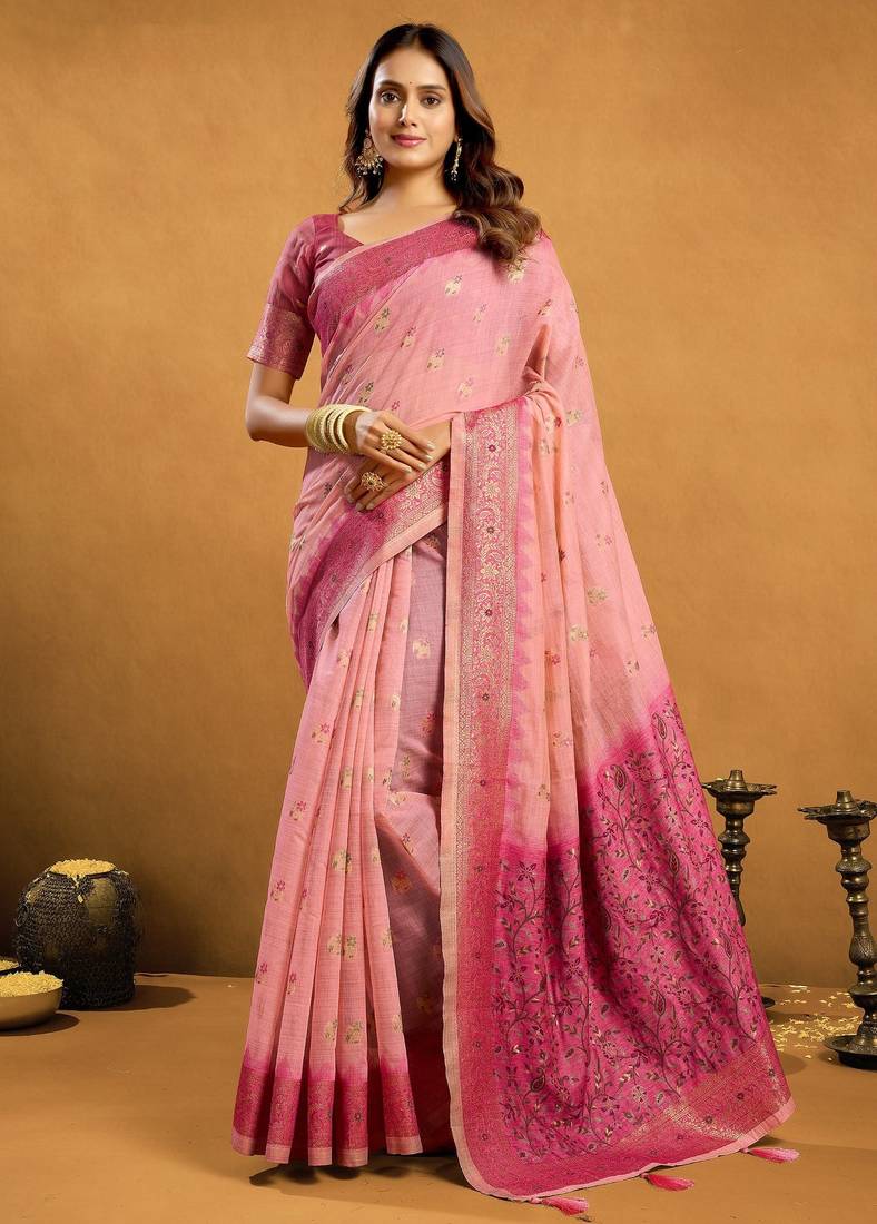 Pink premium spun cotton zari woven saree with blouse