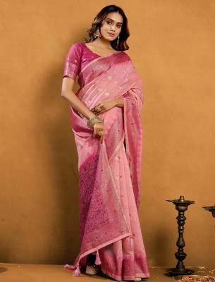 Pink premium spun cotton zari woven saree with blouse 2