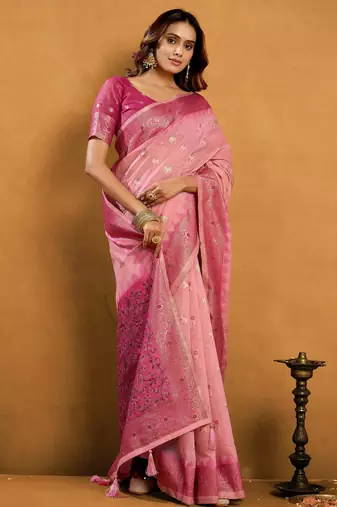Pink premium spun cotton zari woven saree with blouse