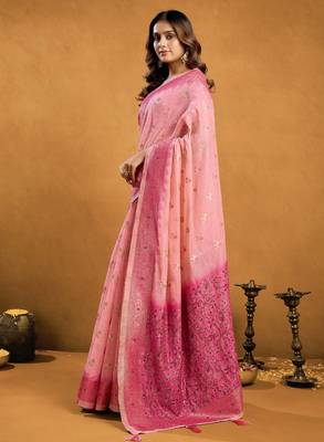 Pink premium spun cotton zari woven saree with blouse 3