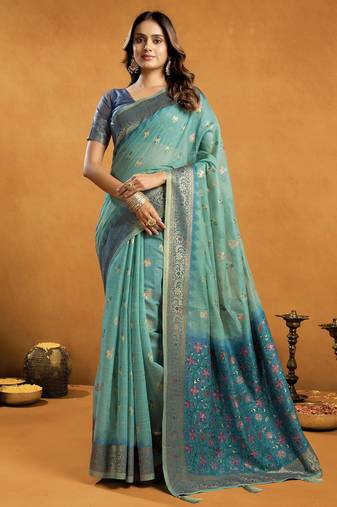 Turquoise premium spun cotton zari woven saree with blouse