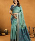 Turquoise premium spun cotton zari woven saree with blouse