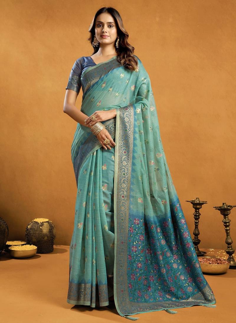 Turquoise premium spun cotton zari woven saree with blouse