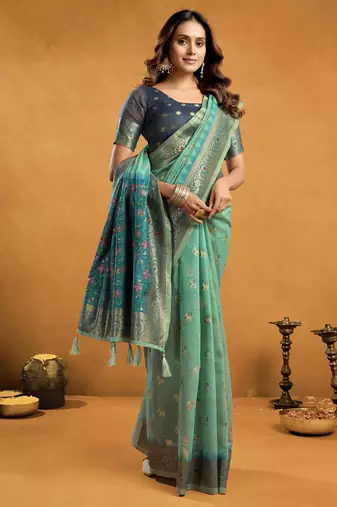 Turquoise premium spun cotton zari woven saree with blouse