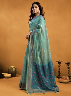 Turquoise premium spun cotton zari woven saree with blouse 3