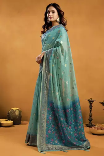 Turquoise premium spun cotton zari woven saree with blouse