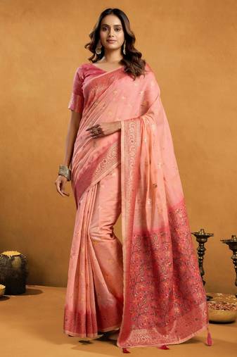 Peach premium spun cotton zari woven saree with blouse