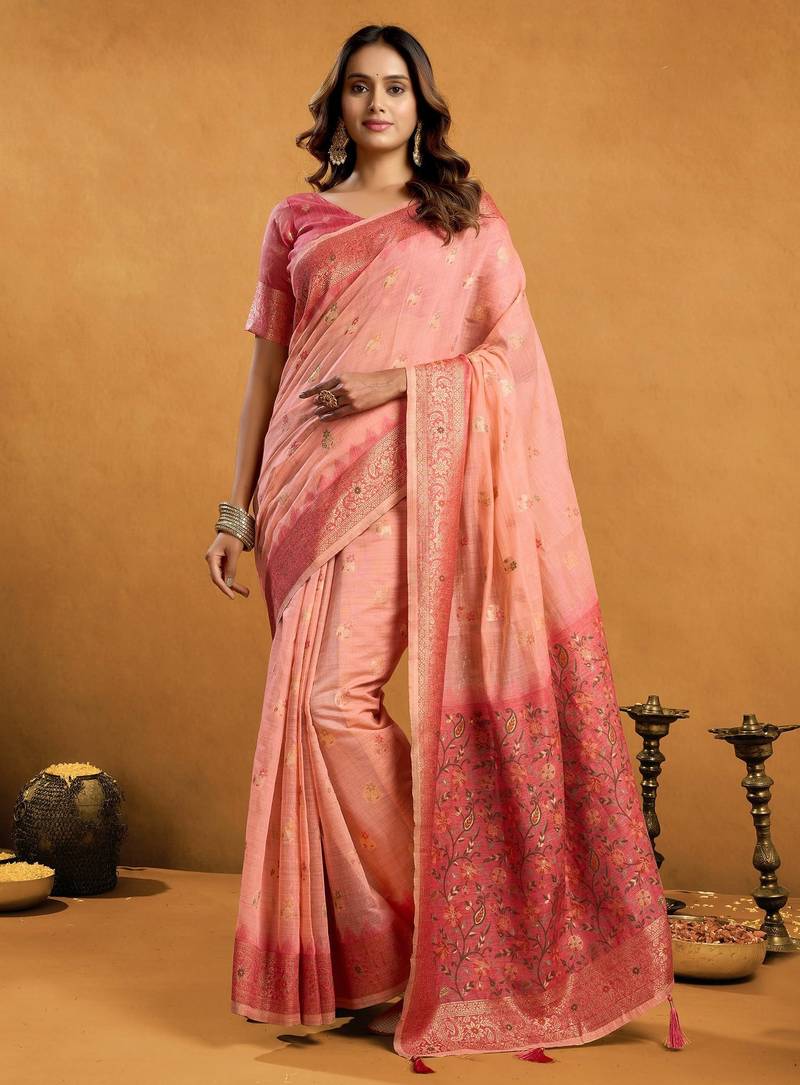 Peach premium spun cotton zari woven saree with blouse