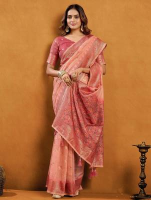 Peach premium spun cotton zari woven saree with blouse 2