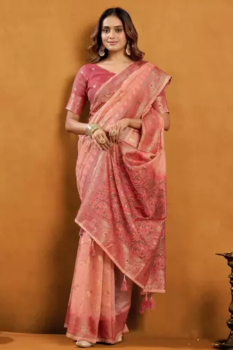 Peach premium spun cotton zari woven saree with blouse