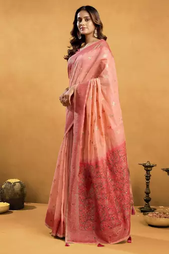 Peach premium spun cotton zari woven saree with blouse