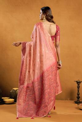 Peach premium spun cotton zari woven saree with blouse 5