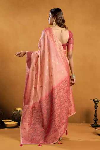 Peach premium spun cotton zari woven saree with blouse