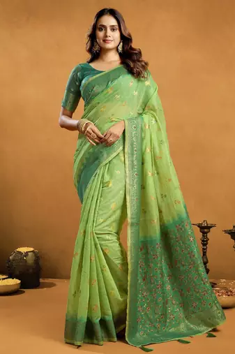 Green premium spun cotton zari woven saree with blouse