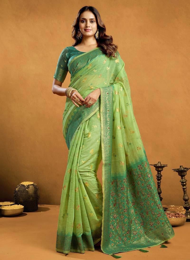 Green premium spun cotton zari woven saree with blouse