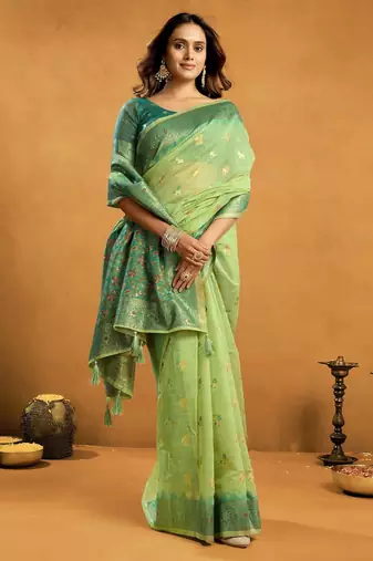Green premium spun cotton zari woven saree with blouse
