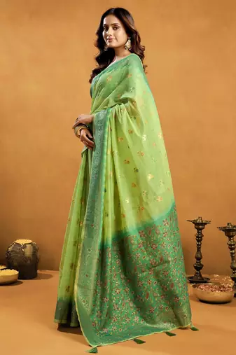 Green premium spun cotton zari woven saree with blouse