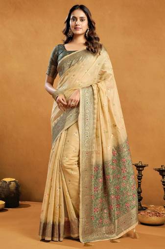 Cream premium spun cotton zari woven saree with blouse