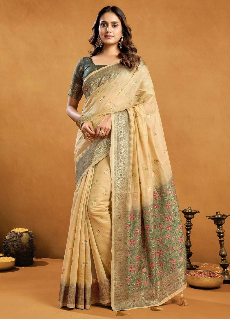 Cream premium spun cotton zari woven saree with blouse
