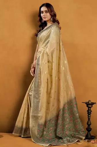 Cream premium spun cotton zari woven saree with blouse