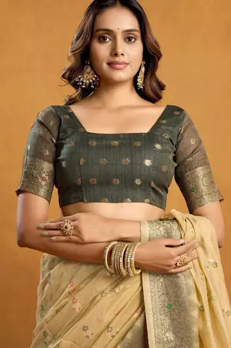 Cream premium spun cotton zari woven saree with blouse