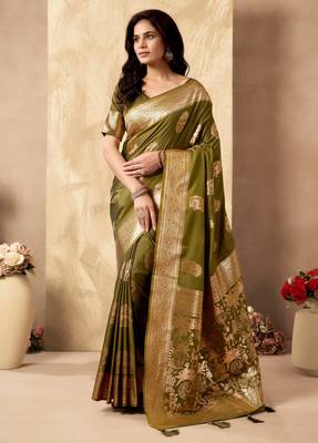 Mehendi silk zari woven saree with blouse 1