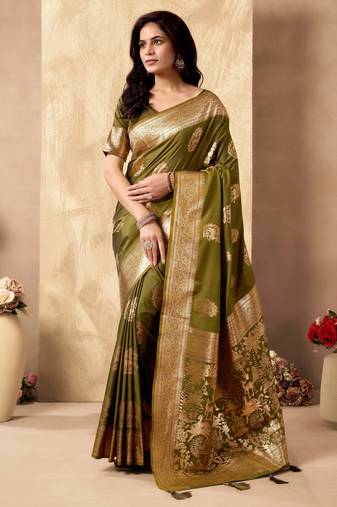 Mehendi silk zari woven saree with blouse