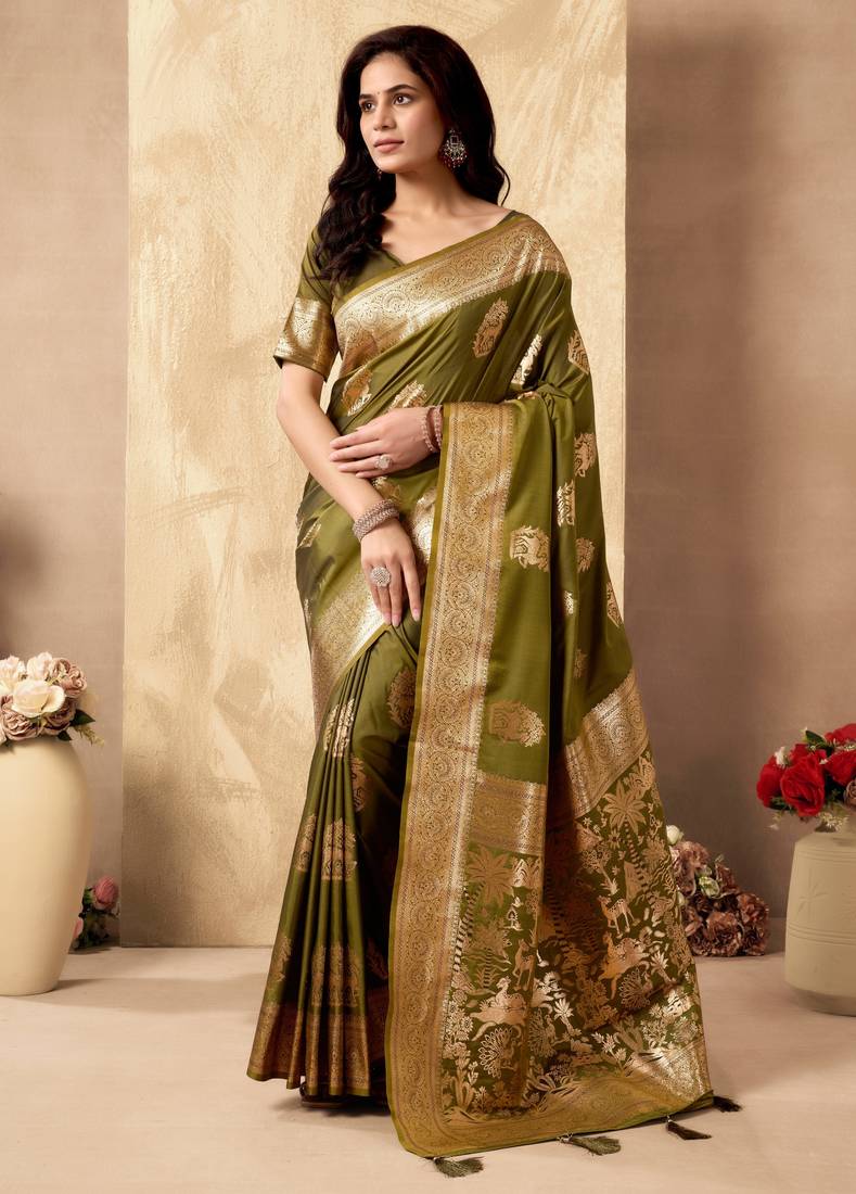 Mehendi silk zari woven saree with blouse