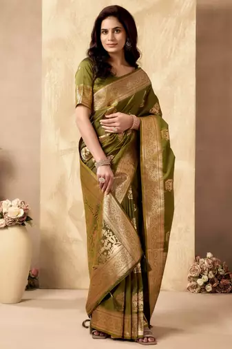 Mehendi silk zari woven saree with blouse