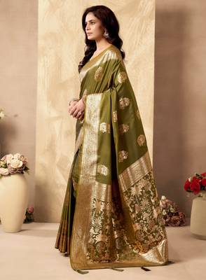 Mehendi silk zari woven saree with blouse 3