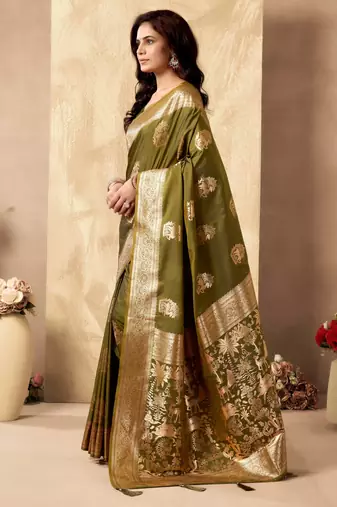 Mehendi silk zari woven saree with blouse