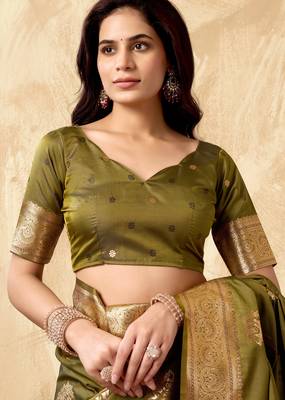 Mehendi silk zari woven saree with blouse 4