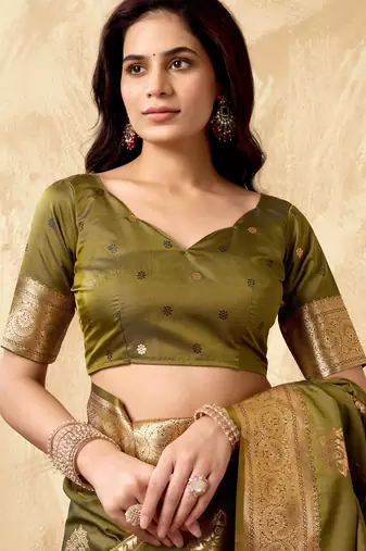 Mehendi silk zari woven saree with blouse